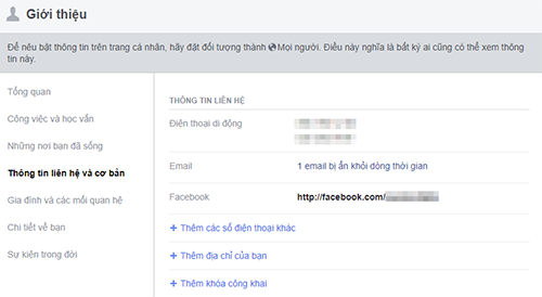 Người dùng Facebook có thể ẩn các thông tin cá nhân trong phần Giới thiệu.